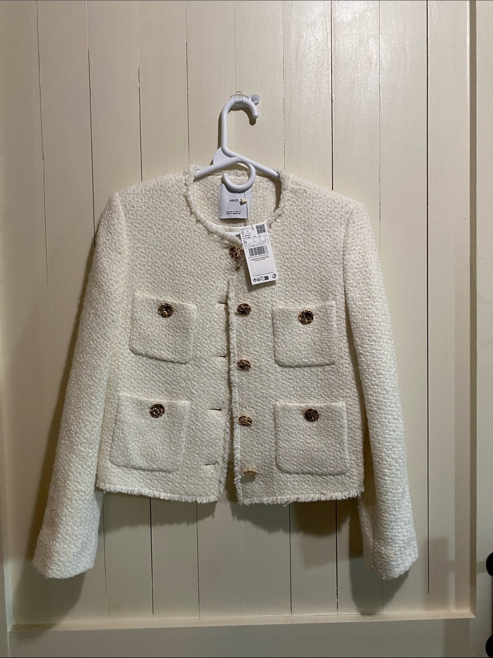 Mango Cream Bouclé Cropped Jacket with Decorative Buttons